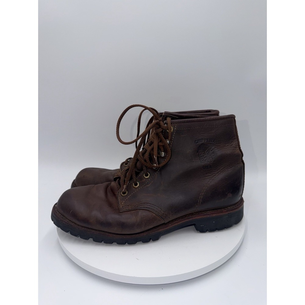 Chippewa Brown Leather Work Boots Lace up Vibram, Made In USA Mens US Size 10D